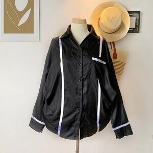 Black Satin Pajama Style Button Up Shirt